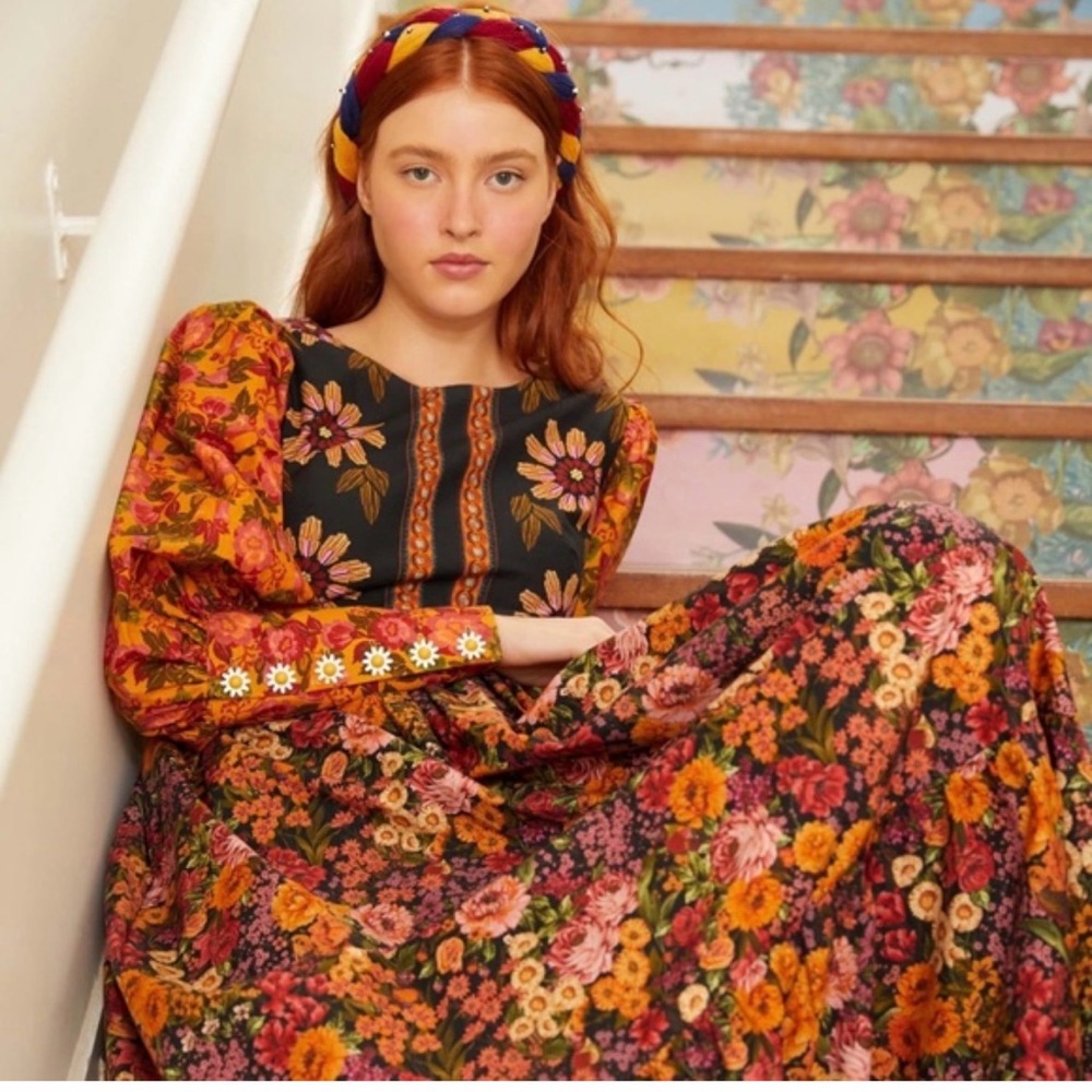 FARM Rio Floral Dress - Black, Orange, Pink